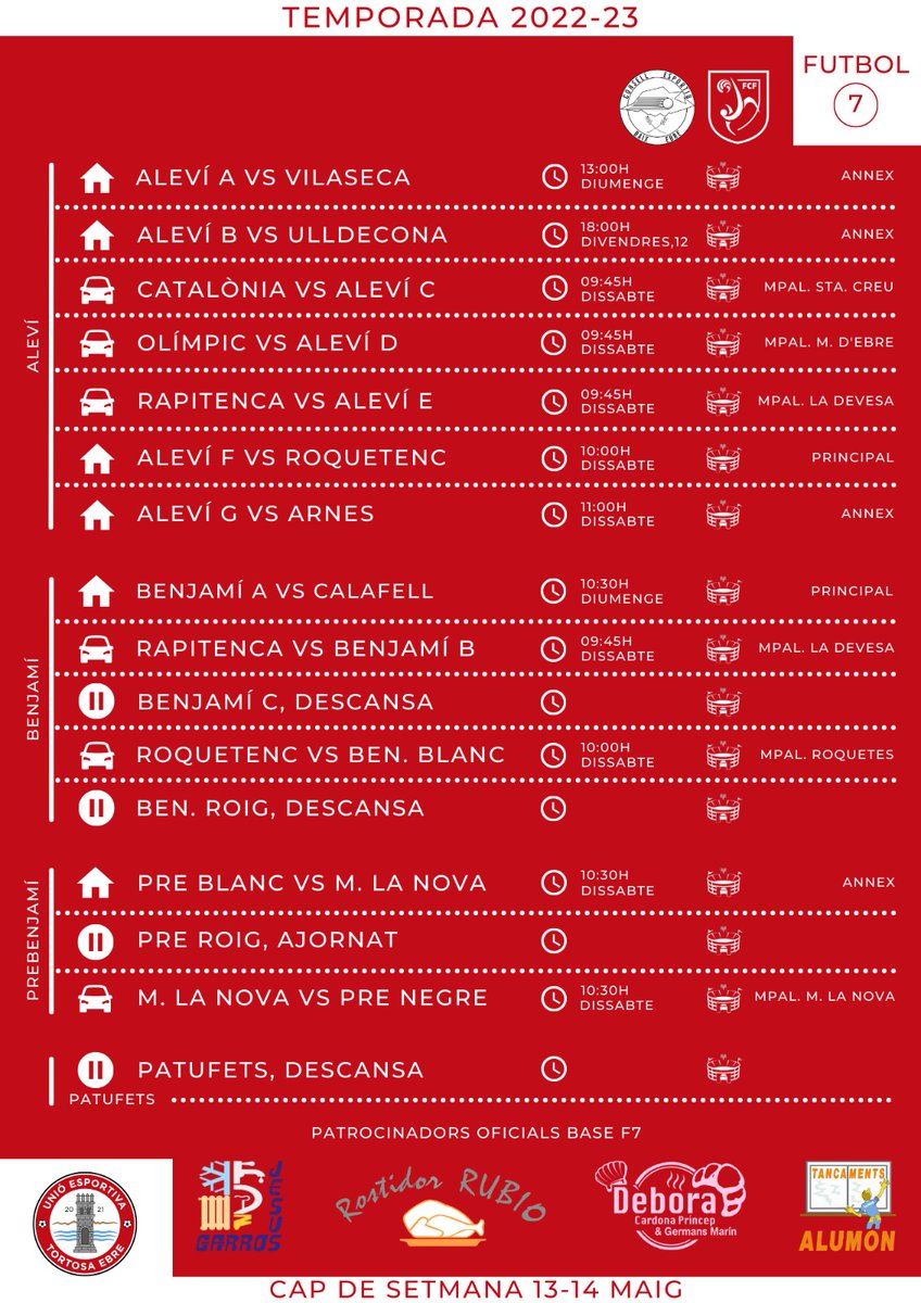 ⚽️ 📆 Calendari de partits per al cap de setmana.
MOLTA SORT A TOTS! 💪🏻🔴⚪⚫
#ueteamateur #3cat1 #uetebase #Formacio #FCF #ConsellEsportiuBaixEbre #Tortosa #TerresdelEbre