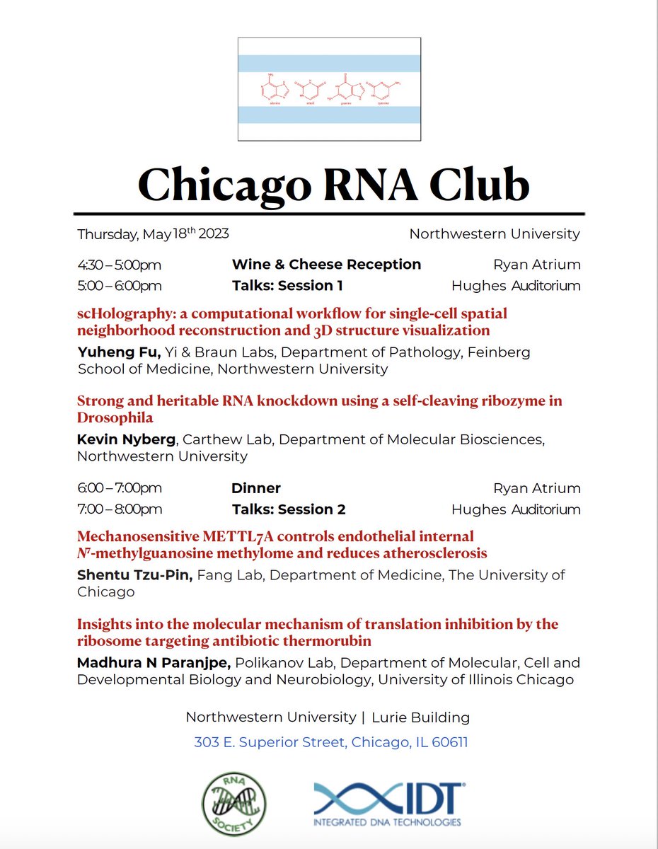 rna_chicago's tweet photo. We will be back next Thursday (5/18) at Northwestern's downtown campus with four exciting talks by the trainees. This will be the last RNA club session for the 2022-23 academic year. Looking forward to learn more about the exciting RNA research happening around Chicagoland. https://t.co/JLGzULw6zX