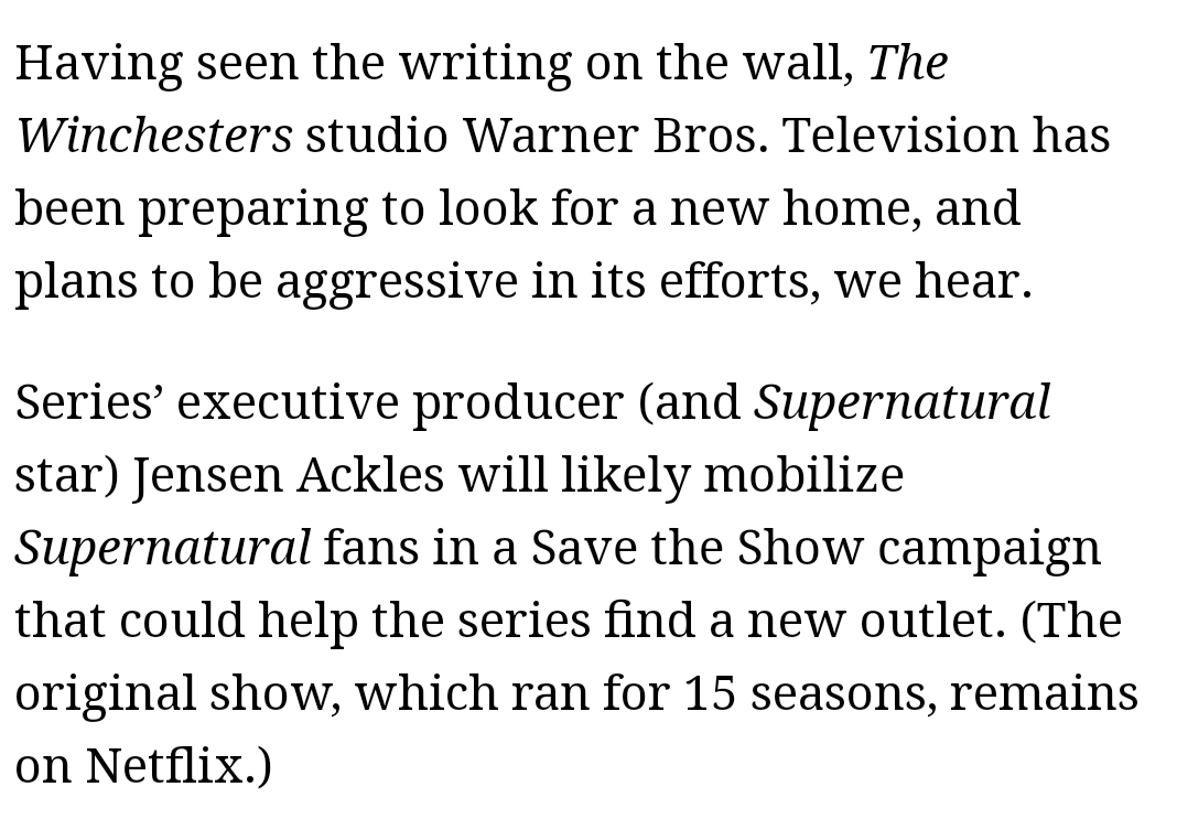 acklescrewball's tweet photo. WB has been preparing to look for a new home and has been aggressive in its efforts. 
Supernatural fandom, let's get going. 
#SaveTheWinchesters https://t.co/4Y5uQxy11A