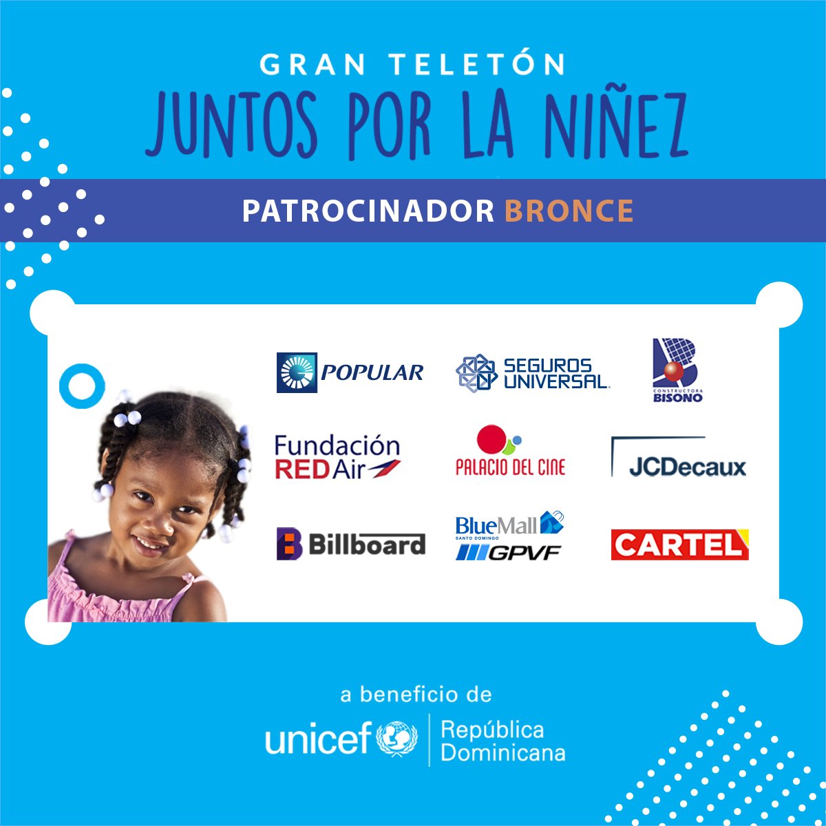 Queremos agradecer a nuestros patrocinadores BRONCE del Gran Teletón #JuntosXLaNiñez 💙 👦👧🇩🇴⁠
⁠
GRACIAS <a href="/Popularenlinea/">Banco Popular</a>⁠, <a href="/UniversalRD/">Grupo Universal</a>, <a href="/RedAirDo/">RED Air</a>, <a href="/PalaciodelCine/">Palacio del Cine</a>, Constructora Bisonó, JCDecaux Dominicana, Billboard Dominicana, <a href="/BlueMallSD/">BlueMall Santo Domingo</a> <a href="/vallascartel/">Cartel - Publicidad Exterior</a>