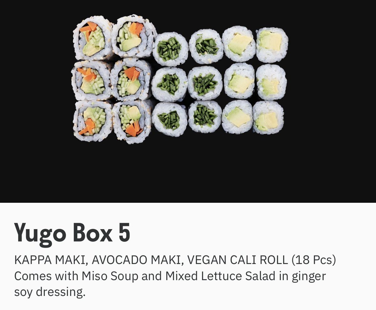 worldorn's tweet photo. My personal #veganchoice on @Deliveroo 
1) Yugo (box 5) 🍣🥗 
2) @OhhFalafel Operation:Falafel - vegan green falafel wrap 
3) bloom vegan kitchen - Tofu skewers
4) Papa Johns - vegan Sheese garden special https://t.co/ywvr7BsMzg
