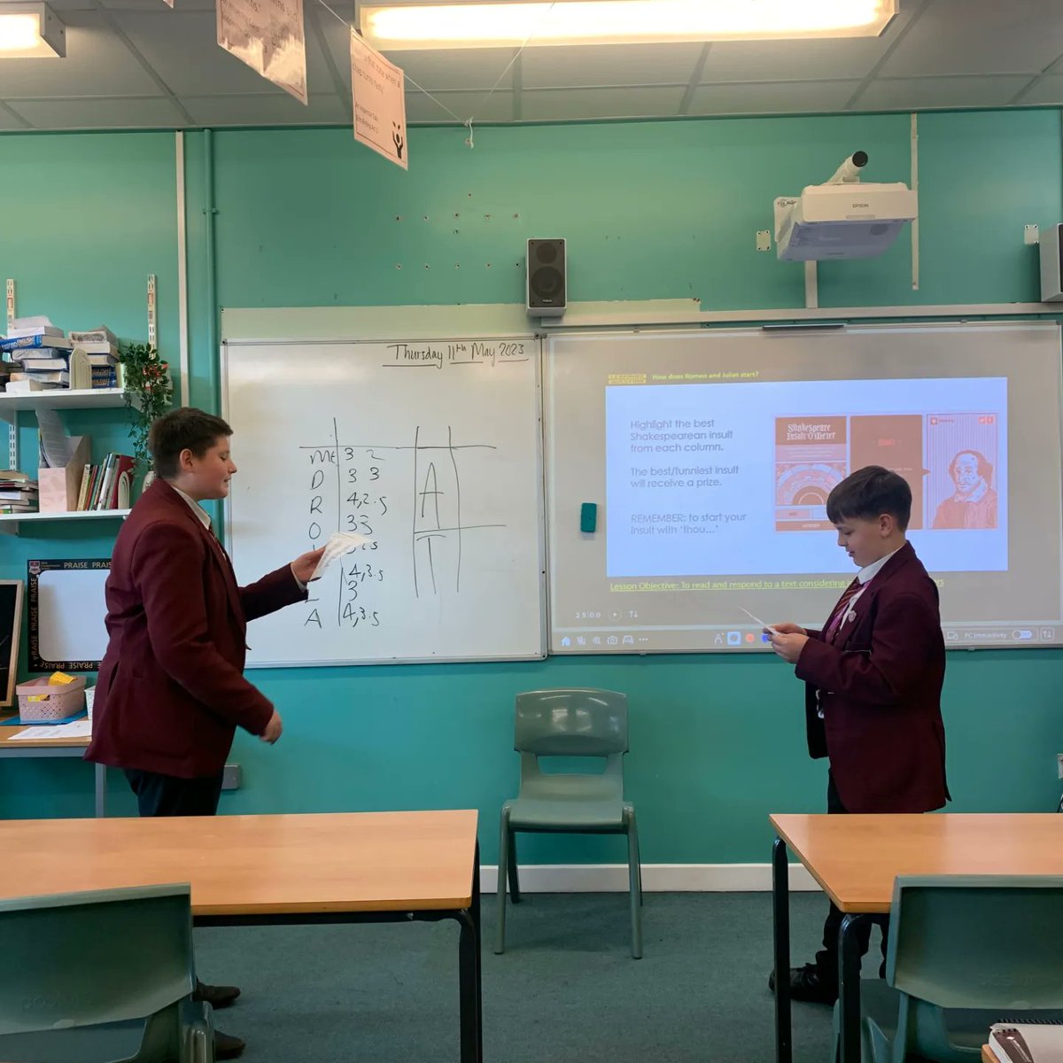 Wath_English's tweet image. 9L5 having a 'quarrel' by using Shakespearean insults today with Miss Exley 😂 Well done! #worldclasslearning