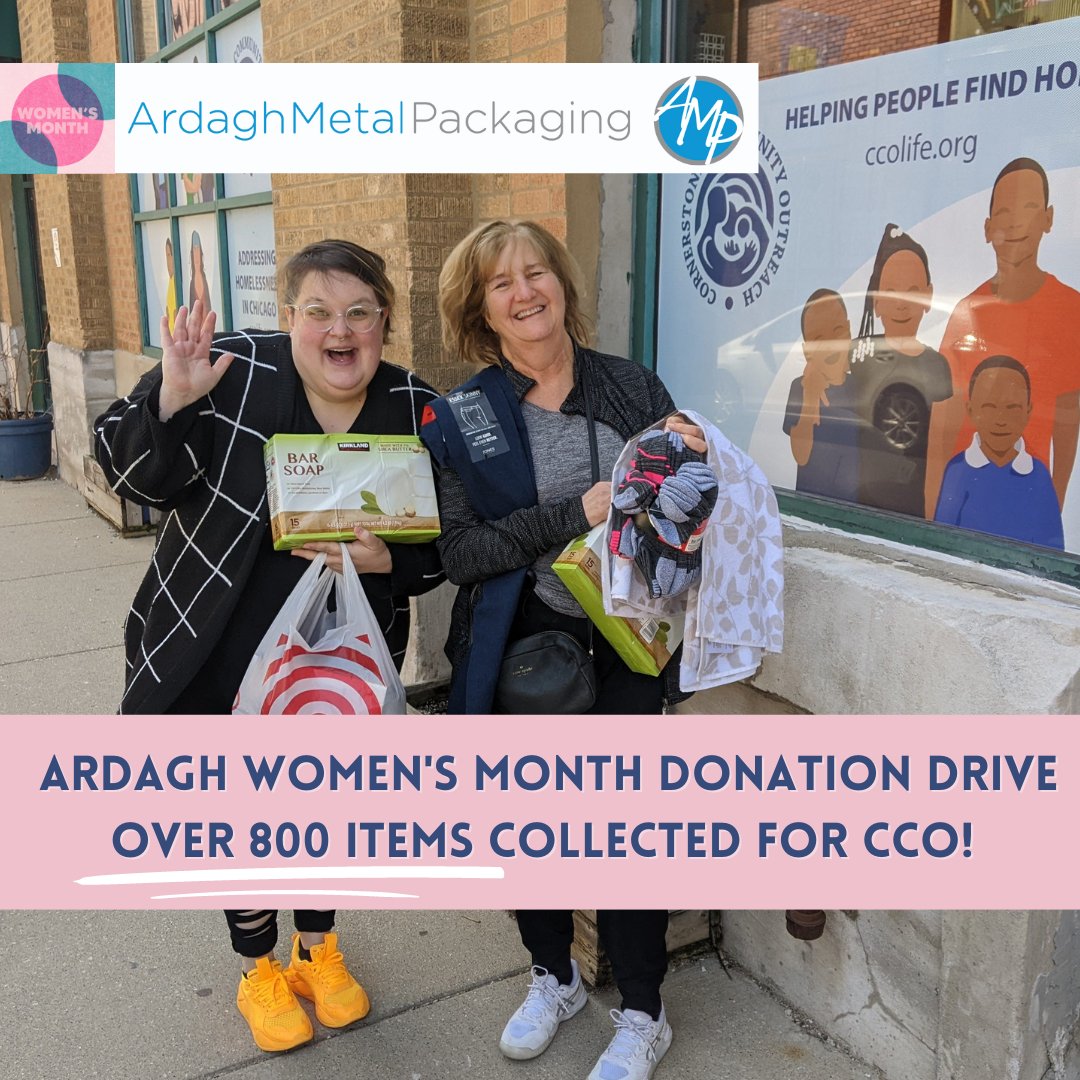We are so grateful for the generous support of Ardagh Metal Packaging for this year's Women's Month. During March they put together a donation drive that collected over 800 items benefitting our programs serving women and children experiencing homelessness!