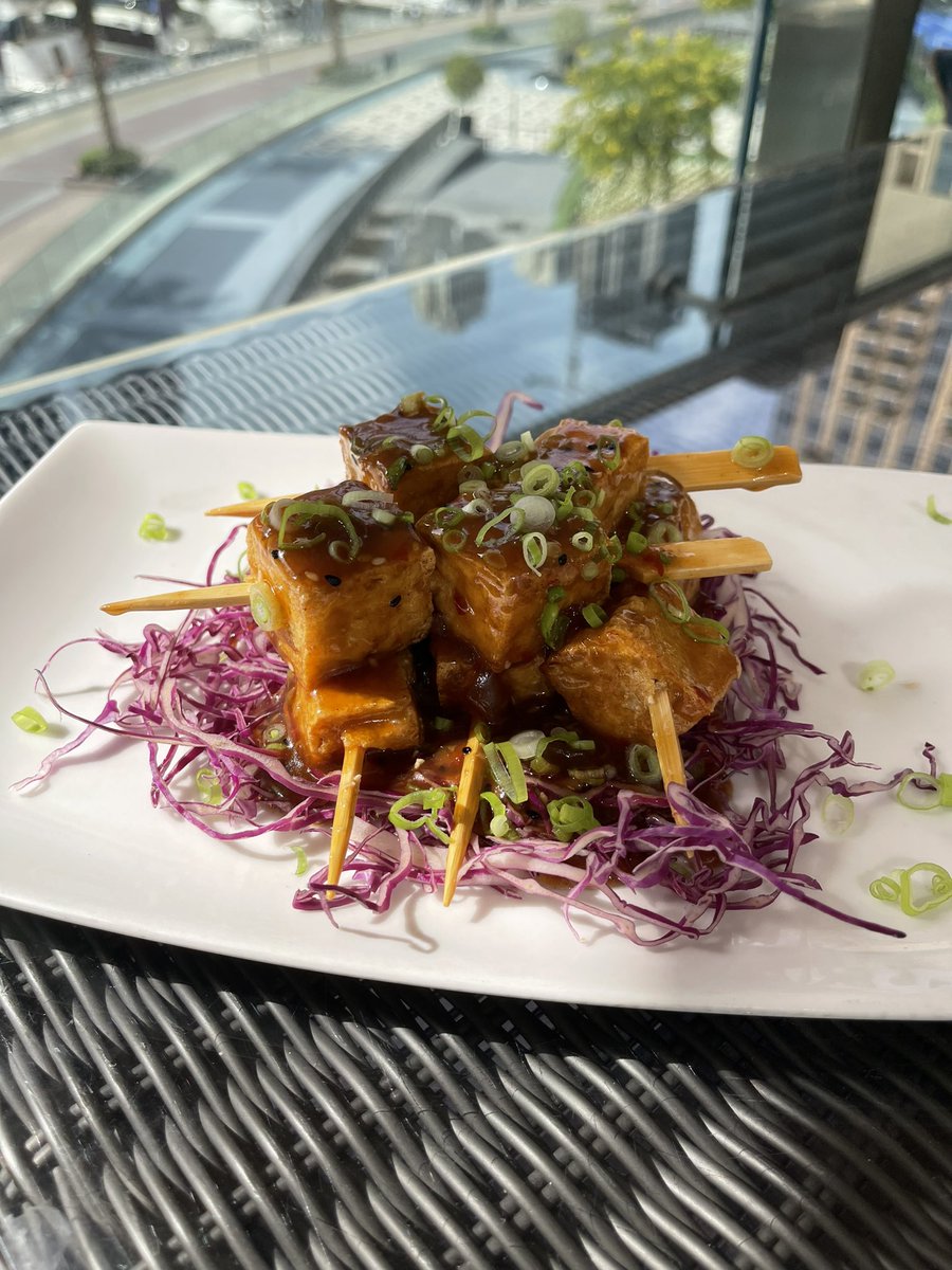 worldorn's tweet photo. These Thai Tofu Skewers looks similar like in Bloom vegan kitchen, but they are  Shakespeare&amp;Co’s #dubaimarina #dubai #vegan #veganfood https://t.co/DABIB0ldu1