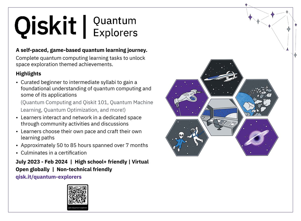 qiskit's tweet photo. Our Quantum Explorers program, launching in July, is self-paced, game-based, and has a large community focus. If you’ve been wanting to learn quantum computing, this is the perfect opportunity!
Sign up to be notified when registration opens: https://t.co/TIKBp4tLxz #quantum https://t.co/YTlHavvrui