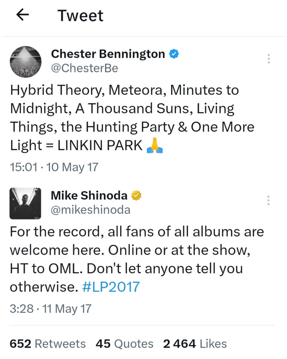24Xero's tweet image. 6 years ago:
@ChesterBe HT, Meteora, MTM, ATS, Living Things, THP &amp;amp; One More Light = #LINKINPARK 🙏

@mikeshinoda For the record, all fans of all albums are welcome here. Online or at the show, HT to OML. Don't let anyone tell you otherwise. #LP2017
instagram.com/p/CsHXkIRtQBP/