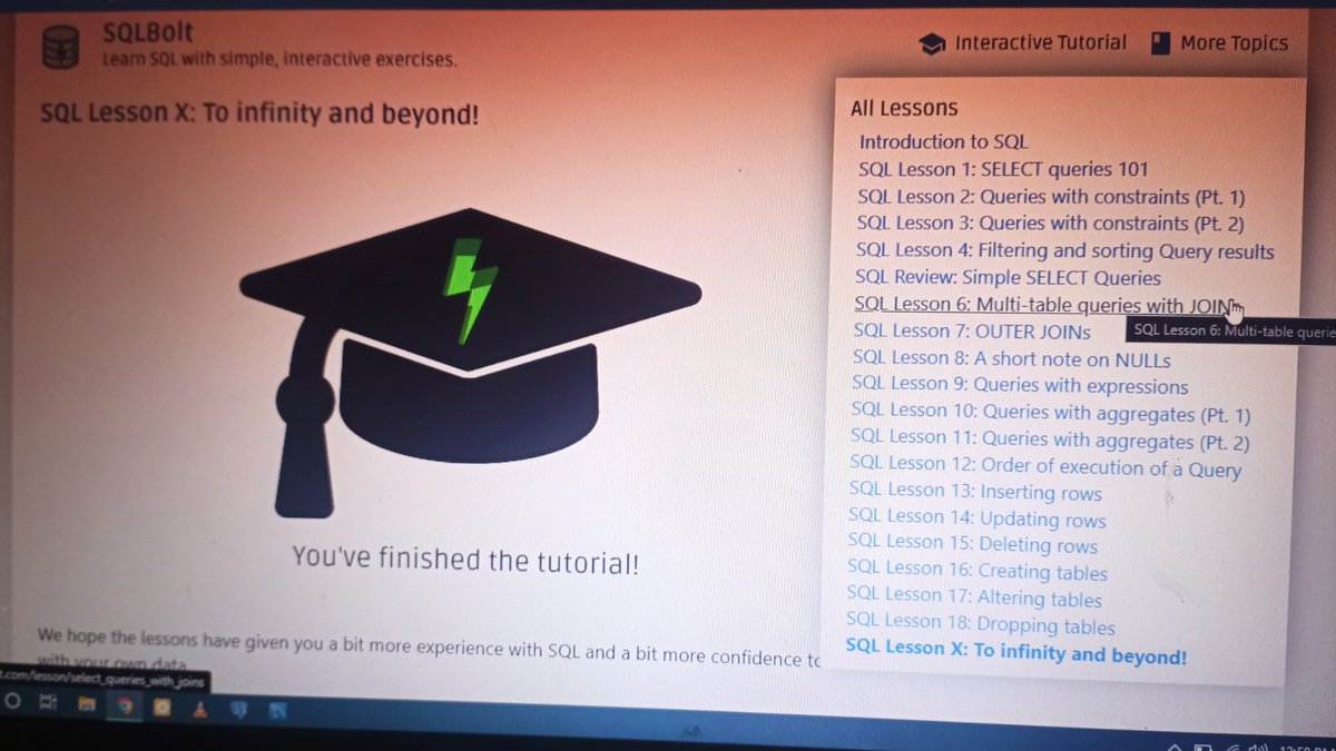 SJaelhard's tweet image. Day 11 on #sqlmay challenge i finished all the exercises on sqlbolt. 🥳