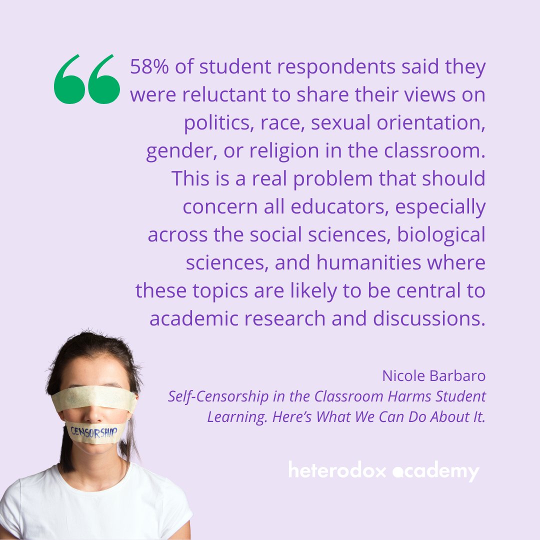 Student self-censorship in the classroom is a problem that should concern all educators. @NicoleBarbaro shares what faculty can do about it this week on the blog. heterodoxacademy.org/blog/self-cens…