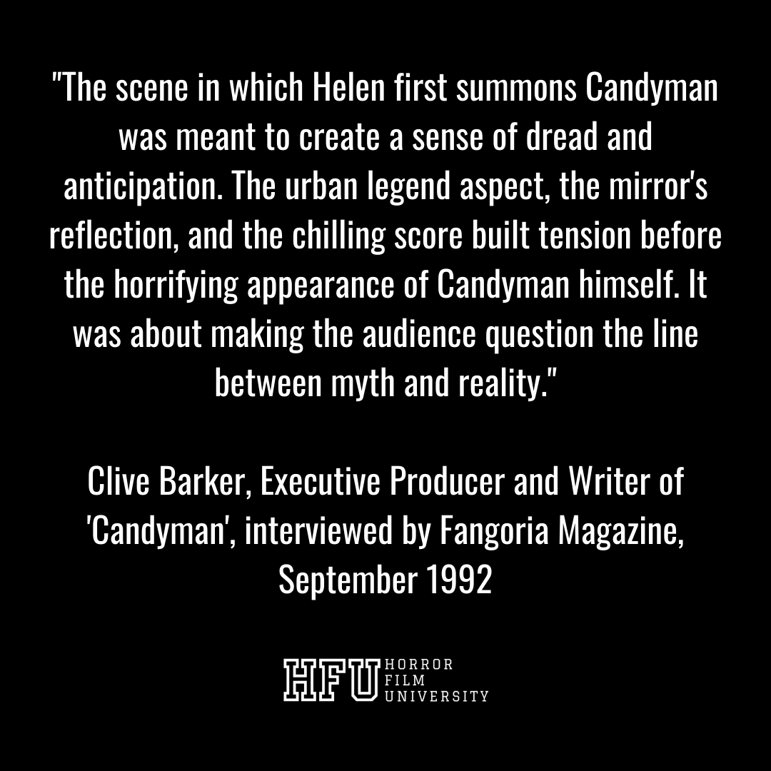 HorrorFilmU's tweet photo. "Candyman" built a sense of dread and anticipation by blurring the line between myth and reality. Executive producer Clive Barker knew how to make horror fans question what they were seeing. 🐝 #Candyman #CliveBarker #HorrorMovies #MythAndReality #ClassicHorror #ScaryMovies https://t.co/GxDN8cc1mv