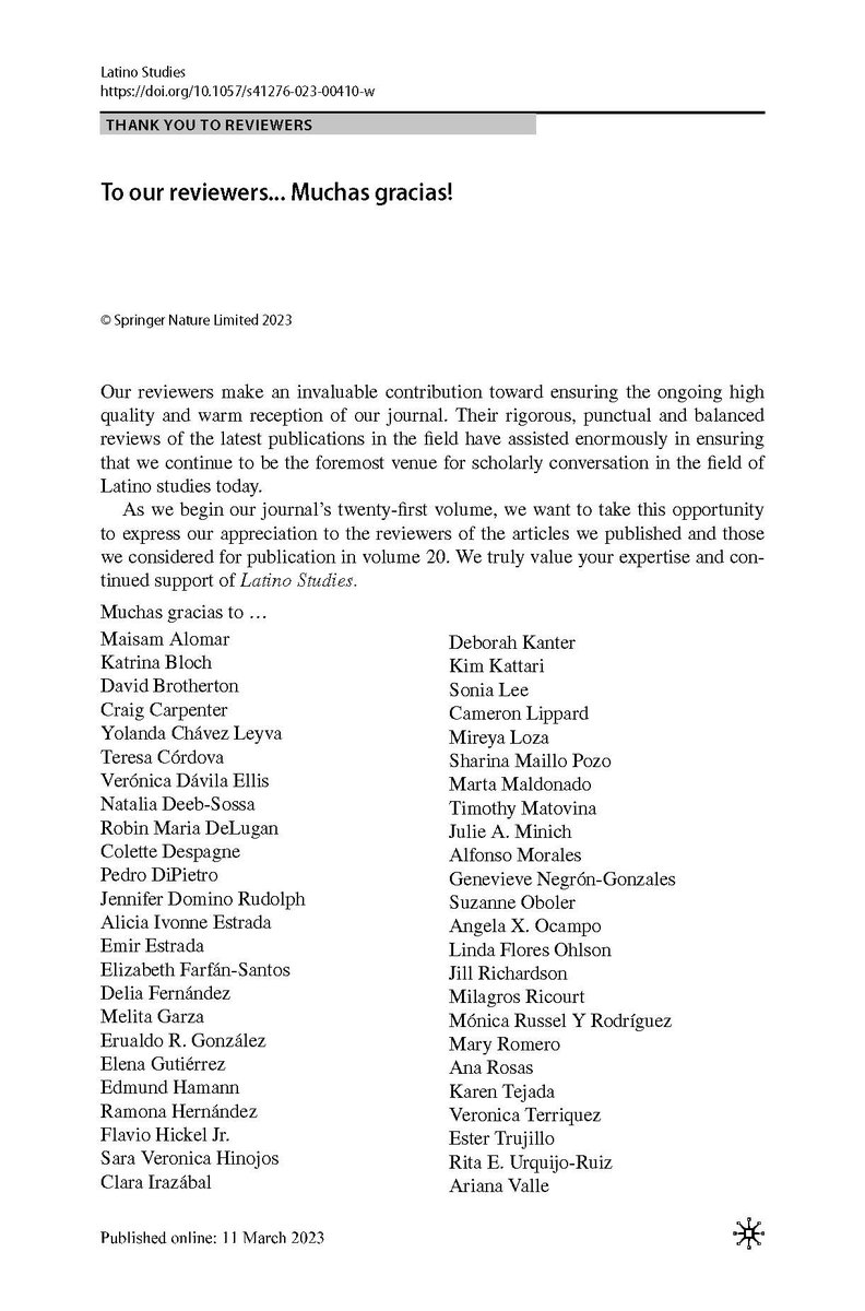 Latino_Studies's tweet photo. GRACIAS - THANK YOU!!!
#Volume20 #2022Reviewers
@Palgrave @PalgraveJournal @SpringerNature @SN_Authors @SpringerSocSci https://t.co/0d42Tzed9c