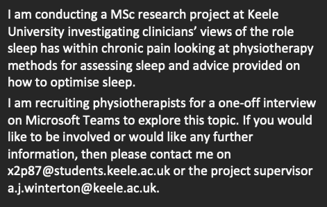 DanielStorey10's tweet image. Are you a UK based Physiotherapist working with patients in chronic pain?
@keeleAHP @physioMACP @CSP