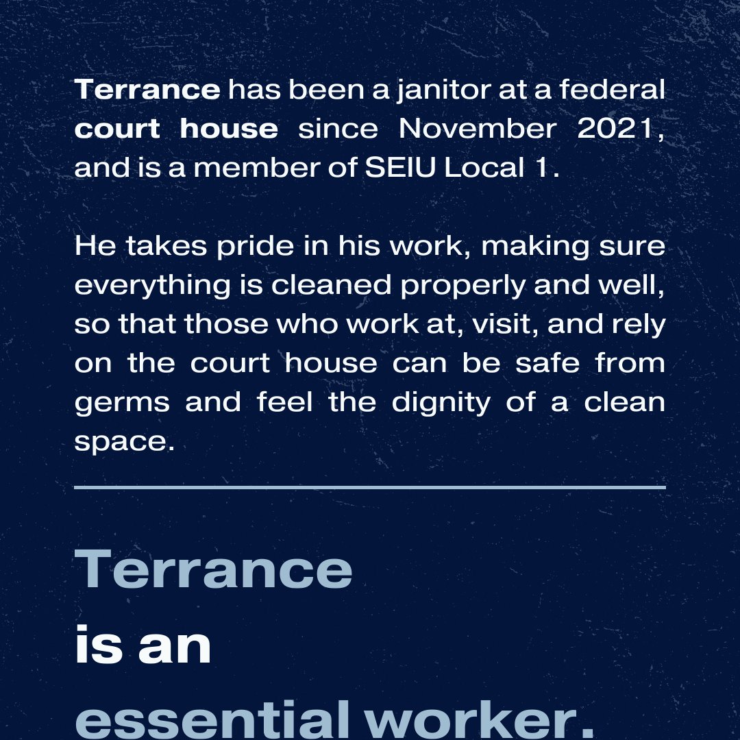 UScontractWs's tweet image. Meet Terrance, a proud union member and janitor. Terrance is essential for the Courthouse where he works, making sure it's safe and clean for everybody who visits the Courthouse. Meet more workers like Terrance at americascontractworkers.org
#essentialworkers #essentialworkersmatter