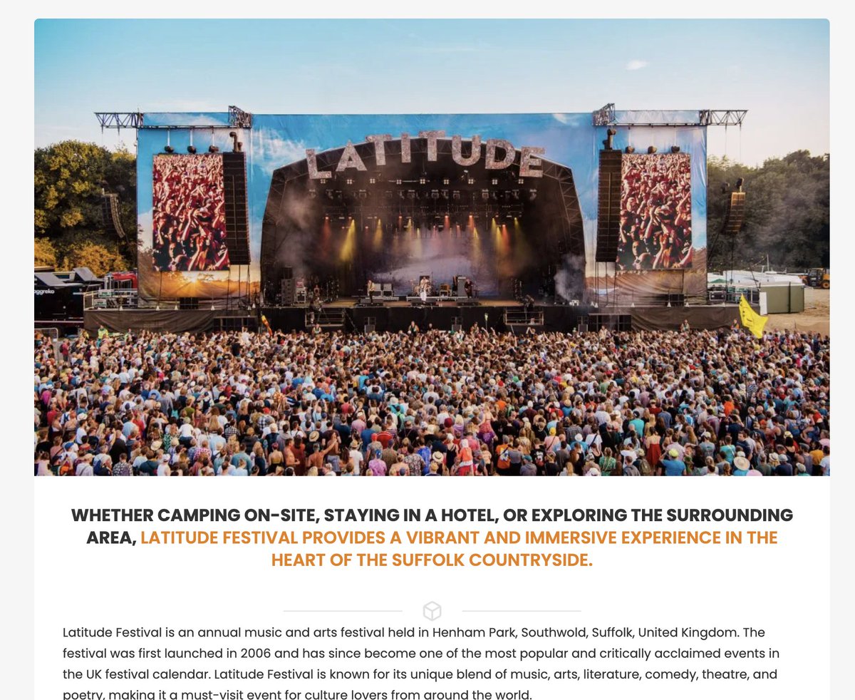 WHETHER CAMPING ON-SITE, STAYING IN A HOTEL, OR EXPLORING THE SURROUNDING AREA, LATITUDE FESTIVAL PROVIDES A VIBRANT AND IMMERSIVE EXPERIENCE IN THE HEART OF THE SUFFOLK COUNTRYSIDE.

festivaldiaries.com/event/latitude…