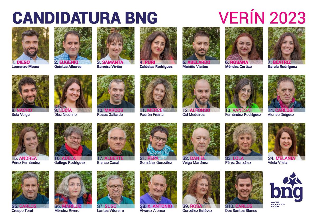 ➡️ Un equipo con forza, plural e honesto que vai dar o mellor para seguir camiñando colectivamente! 

Aquí vos deixo as 27 persoas que conforman a candidatura do BNG de Verín para as Municipais do 28 de maio! 💜
