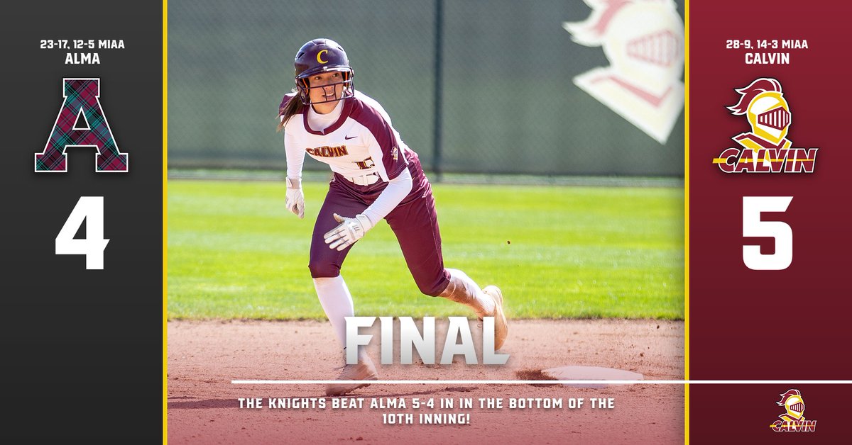 CalvinKnights's tweet photo. FINAL: With a walk off hit from Sydney Duong in the bottom of the 10th inning @CalvinSoftball beats Alma in their first game of the MIAA Tournament! #GoCalvin https://t.co/9FvedM7D0B