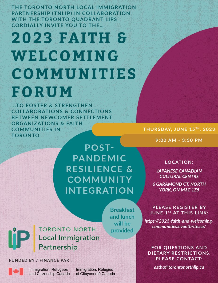 Please join us on June 15th for the 2023 Faith and Welcoming Communities Forum! This year’s theme is Post-Pandemic Resilience and Community Integration. 
Register here: eventbrite.ca/.../2023-faith…...