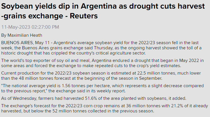 kannbwx's tweet photo. 🇦🇷Buenos Aires grains exchange estimates yield for #Argentina's #soybeans at 1.56 tonnes/hectare (23.2 bu/acre) - the worst outright in at least 45 years. Production is seen at 22.5 mmt. Soy harvest is about 52% complete. https://t.co/tHRFtADqCZ