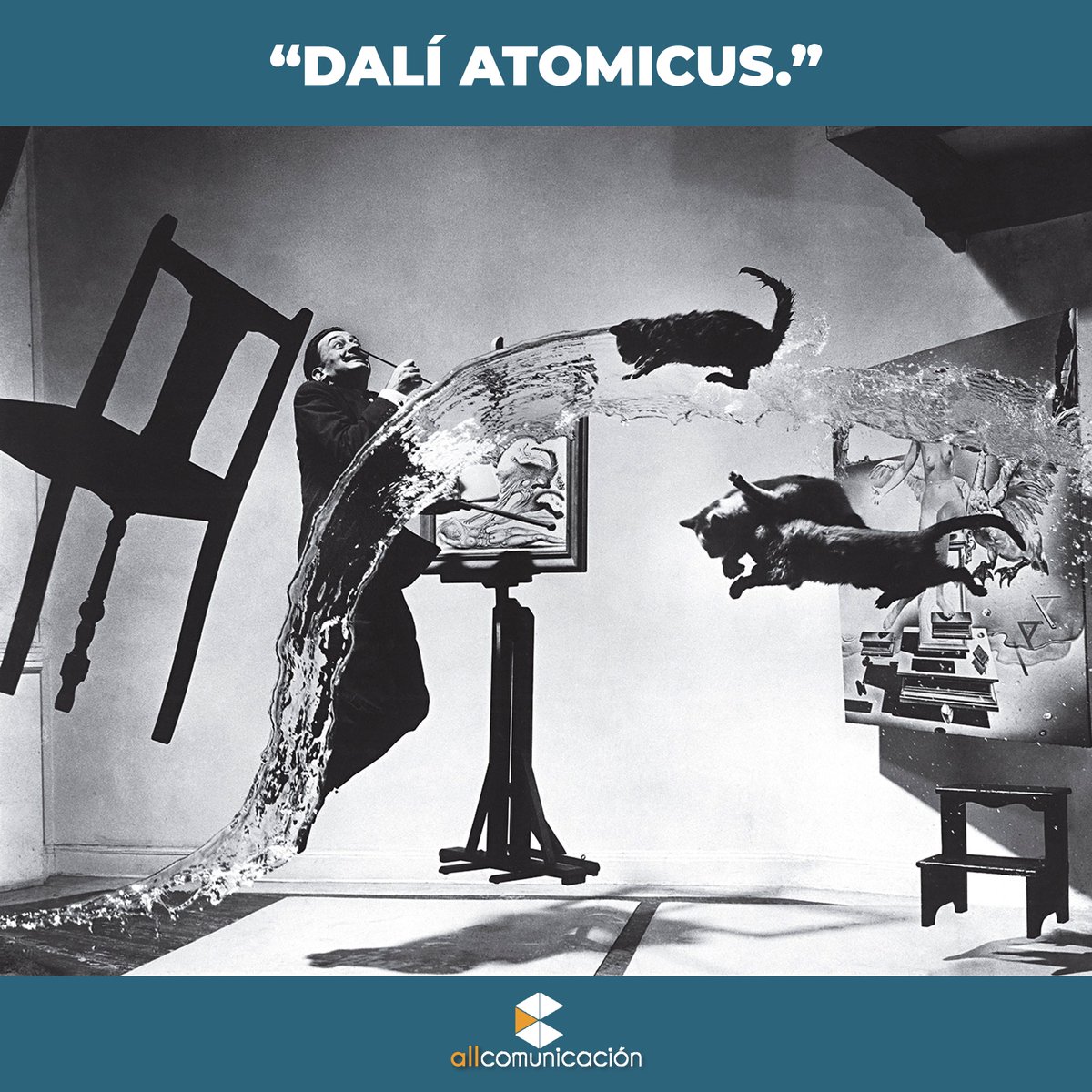 ALLcommx's tweet photo. Abrimos mini hilo 🧵porque hoy, 11 de mayo celebramos el natalicio de Salvador #Dalí, con esta icónica foto: 
Se titula “Dalí Atomicus” y es una imagen retratada por el fotógrafo Philippe Halsman, quien inventó la técnica “jumpología”… https://t.co/6kB6reneWr
