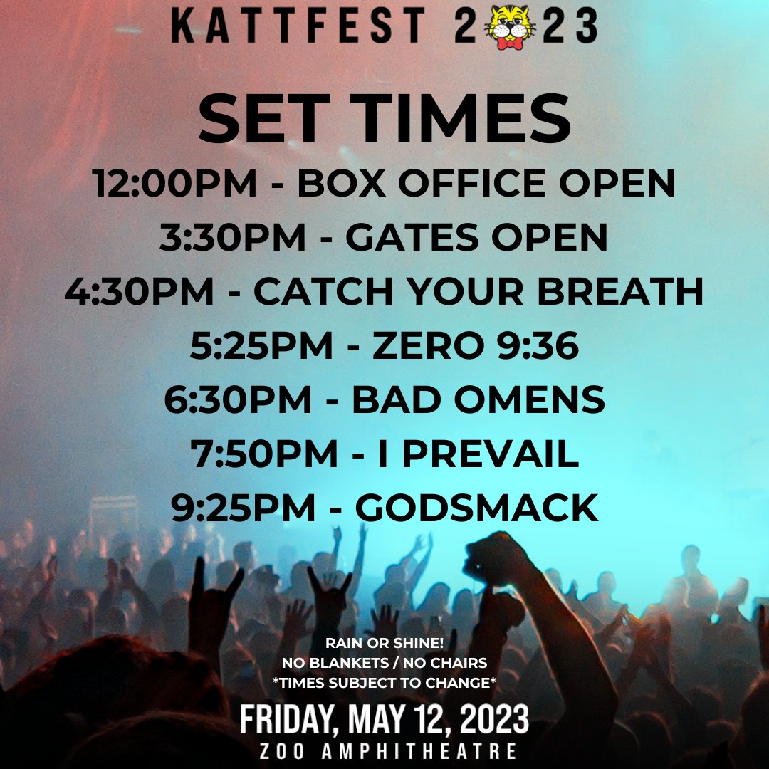Rock 100.5 The KATT (@thekatt) on Twitter photo 🤘Tomorrow is KATTFEST! 🤘
Here's the set times for tomorrow's show. This is a Rain/Shine event. Severe weather & flooding are the exception and that info gets handed down from the National Weather Service.
Few tickets available: KATT.com/KATTFEST
<a href="/ZooAmpOKC/">The Zoo Amphitheatre</a>
<a href="/DCFConcerts/">DCF Concerts</a> 🤘Tomorrow is KATTFEST! 🤘
Here's the set times for tomorrow's show. This is a Rain/Shine event. Severe weather & flooding are the exception and that info gets handed down from the National Weather Service.
Few tickets available: KATT.com/KATTFEST
<a href="/ZooAmpOKC/">The Zoo Amphitheatre</a>
<a href="/DCFConcerts/">DCF Concerts</a>