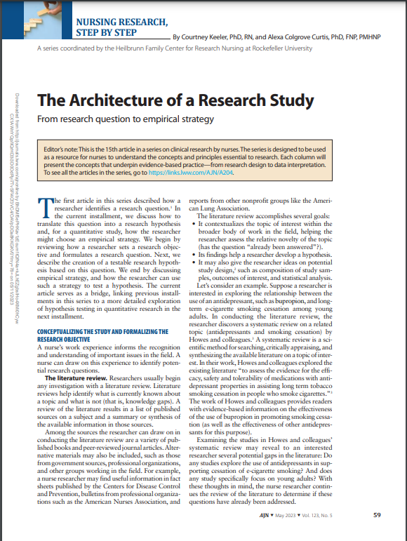 AmJNurs's tweet photo. "The Architecture of a Research Study" offers newbie researchers the basics of translating a research question, once chosen, into a research hypothesis and, for a quantitative study, how the researcher can choose an empirical strategy. https://t.co/9X36yqYDfT https://t.co/h6cGyTZyfe