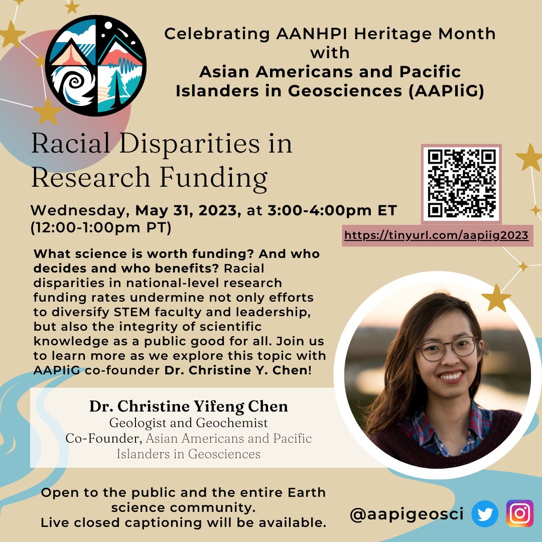 aapigeosci's tweet photo. 📅 SAVE THE DATE! 
“Racial Disparities in Research Funding” 
May 31, 3-4pm ET 
#AAPIHeritageMonth 

Dr. Christine Yifeng Chen (@earth2christine) will speak about recent findings and what the STEM community can do to be part of the solution.

Register ➡️ https://t.co/W3UHDwZdKK https://t.co/162tY6UBlr
