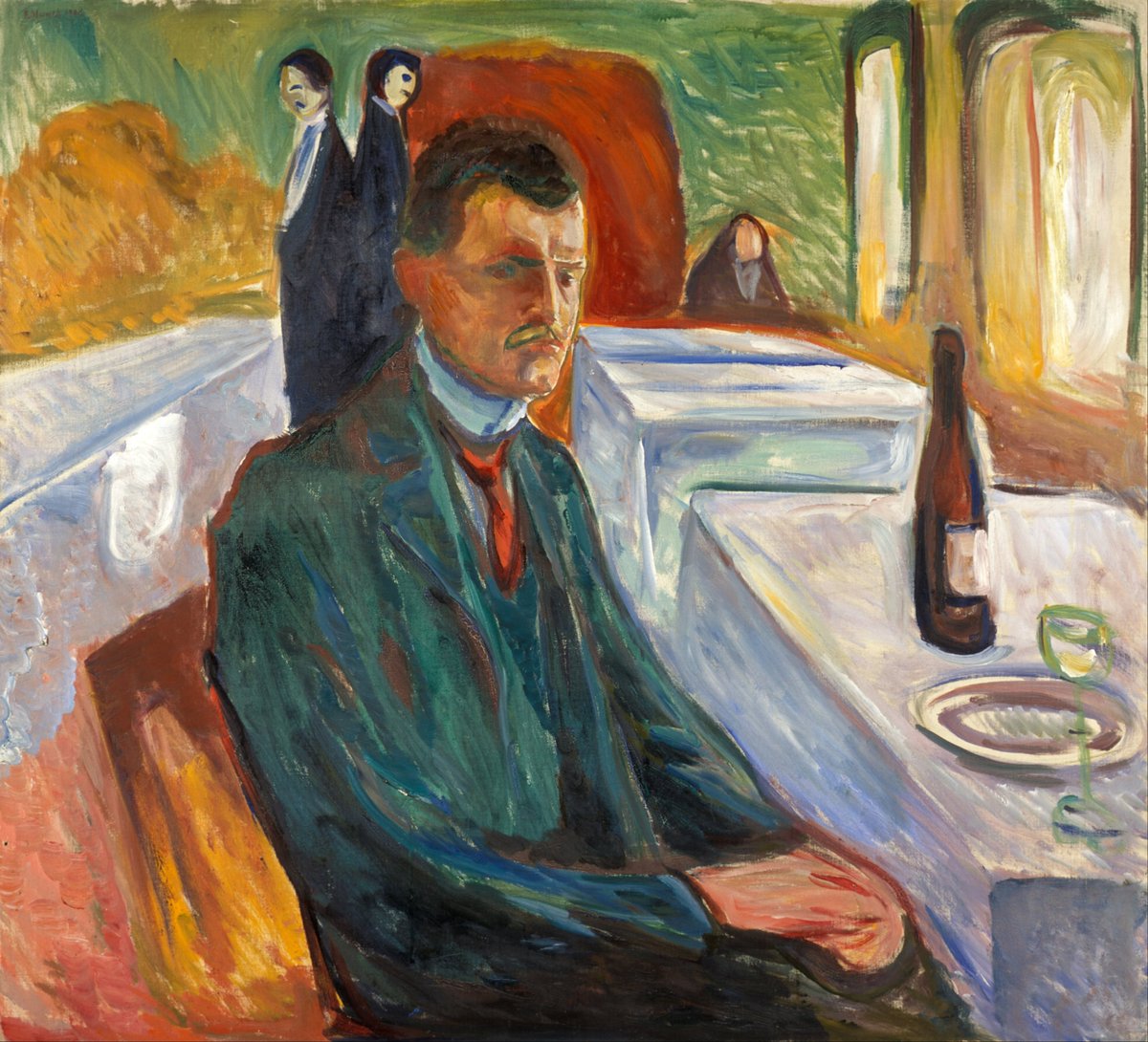 The title of Munch’s painting "The Morning After" is eloquent enough. "Day After Drinking" (other title) is more than a simple anecdote. It represents a life ruined by alcohol, like the life of Munch himself.
musee-virtuel-vin.fr/en/ivresse
"Self-portrait", 1906
musee-virtuel-vin.fr/en/cafe