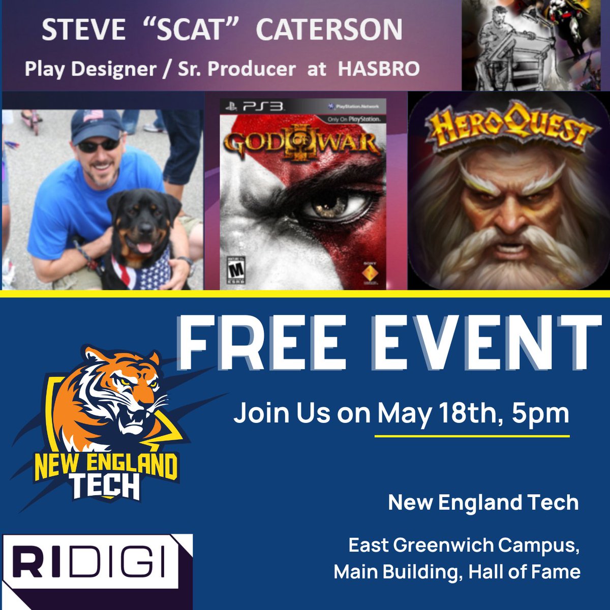 RIDIGI, hosted by New England Institute of Technology, is pleased to announce its next speaker.

Steve “Scat” Caterson will share his career journeys through the world of games, toys, and entertainment.

Please join us on May 18, 2023.