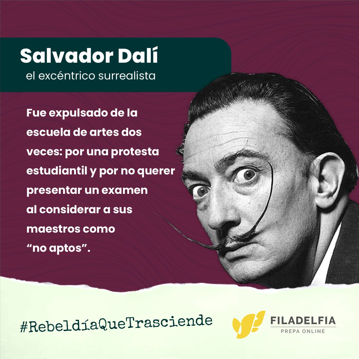 PrepaFiladelfia's tweet photo. ¿Conocías este dato? 👁️ La rebeldía de Dalí lo hacía poco agradable para muchos artistas de su época. Sin embargo, su talento lo llevó a convertirse en un referente de su generación. Marcó una época en la pintura y es recordado como uno de los mejores pintores de la historia. https://t.co/0BoKFpPr9J