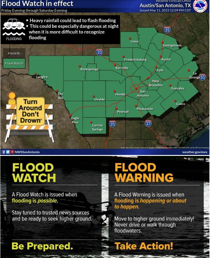 A Flood Watch is in effect beginning Friday evening. Remember to Turn Around, Don't Drown if you see water covering the road!