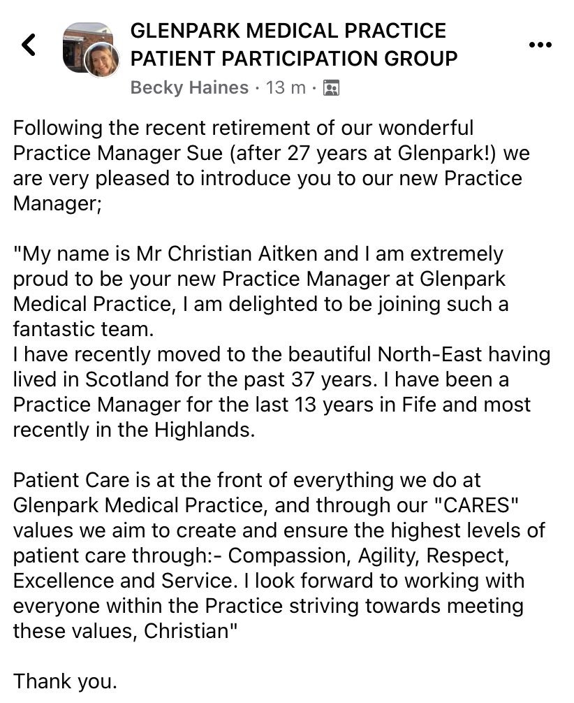 **Introducing our new Practice Manager**  Welcome to @GlenparkSurgery Christian!