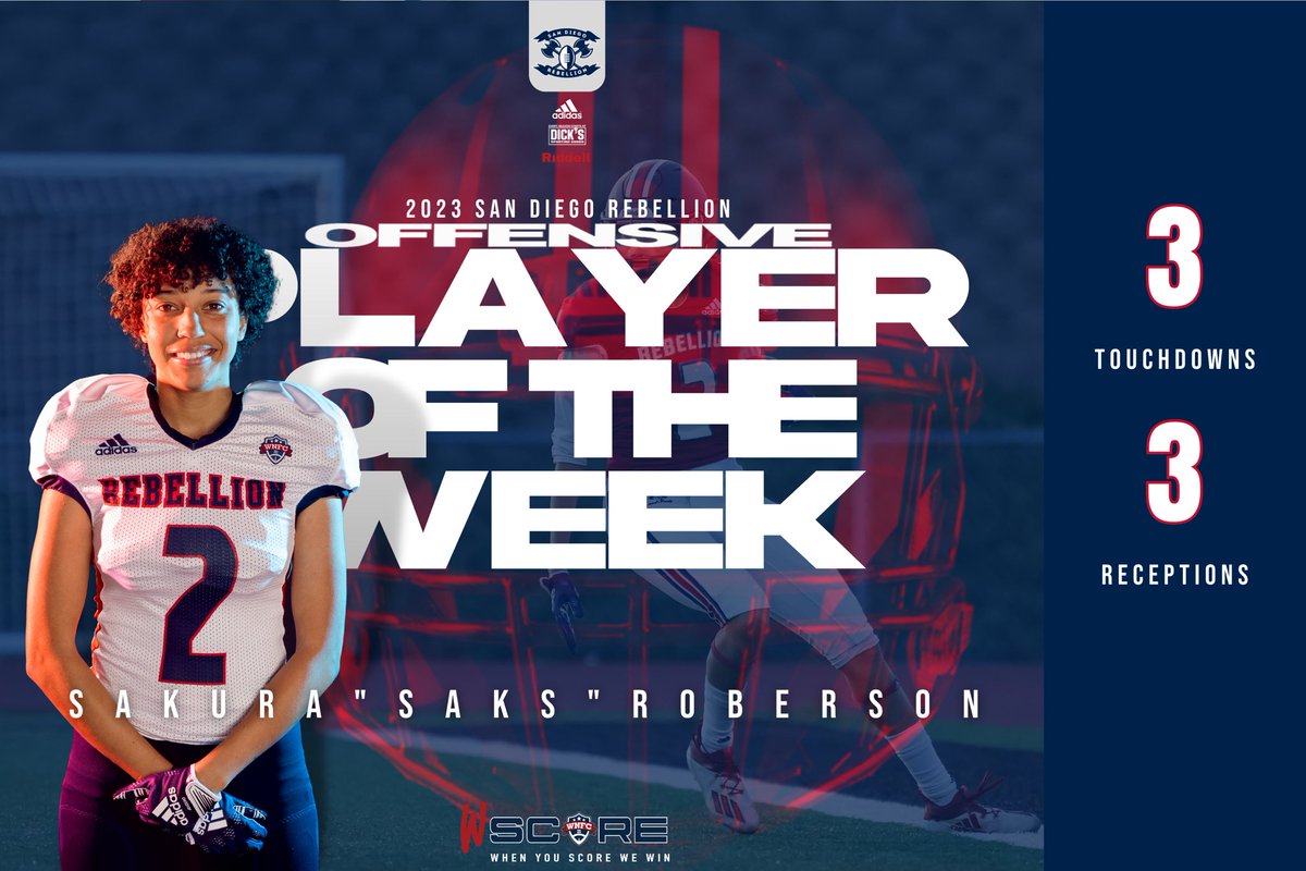 Congratulations to our Offensive Player of the Week!

Sakura “Saks” Roberson #2 (WR/DB):

3 Receptions, 94 yds | 3 Touchdowns
(Average 31.5yds per catch, long 65 yards)
-
-
#POTW #SakuraRoberson  #WNFCProud #SanDiegoRebellion #WomensTackleFootball  #HerGameToo #WR