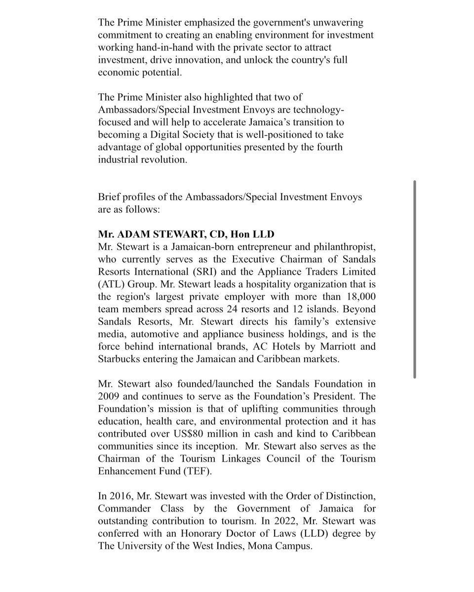 AndrewHolnessJM's tweet photo. (1/4) #PressRelease: I am pleased to announce the appointment of four new Ambassadors/Special Investment Envoys who will play a pivotal role in attracting investment and driving economic growth. https://t.co/oie08DWpYG