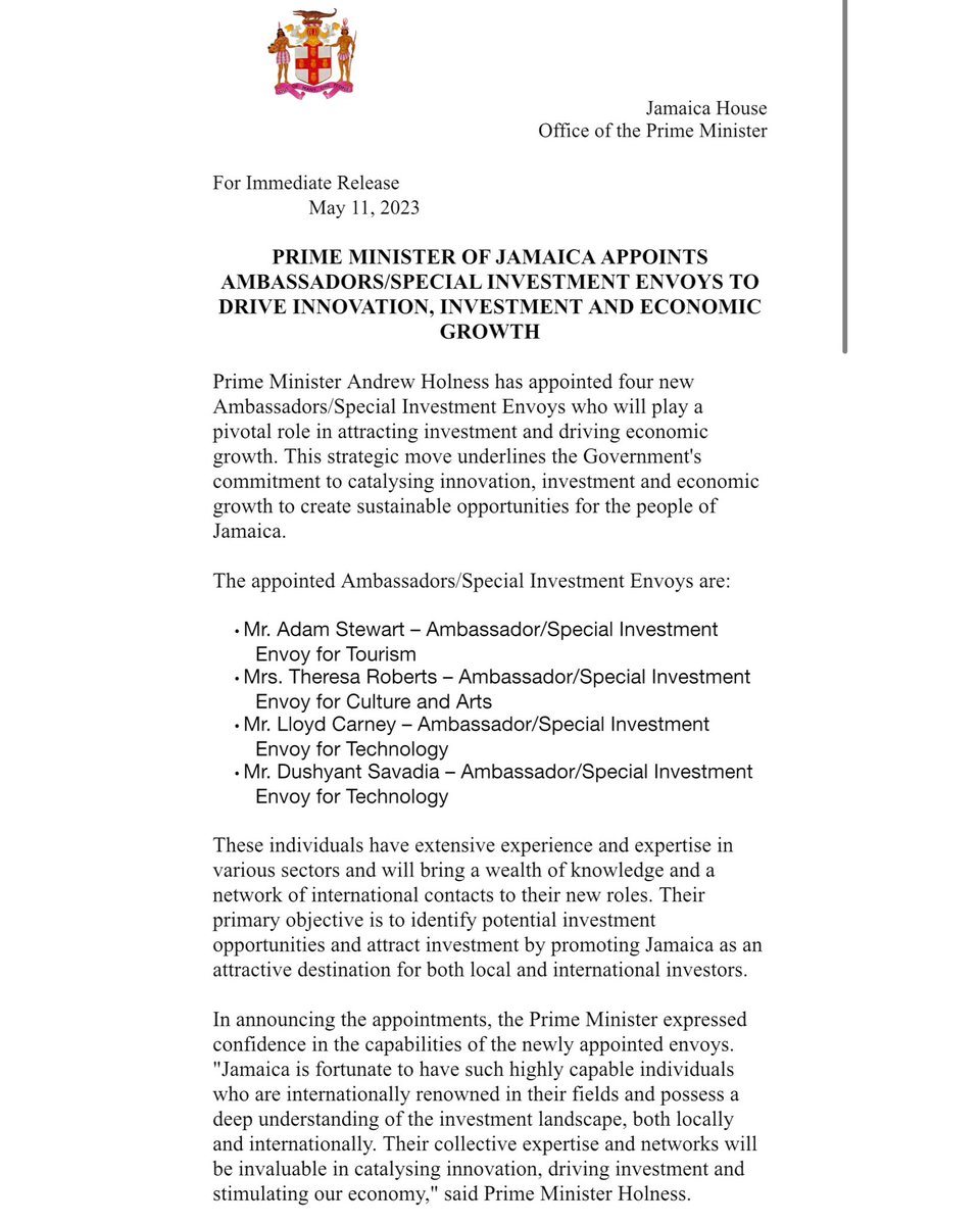AndrewHolnessJM's tweet photo. (1/4) #PressRelease: I am pleased to announce the appointment of four new Ambassadors/Special Investment Envoys who will play a pivotal role in attracting investment and driving economic growth. https://t.co/oie08DWpYG