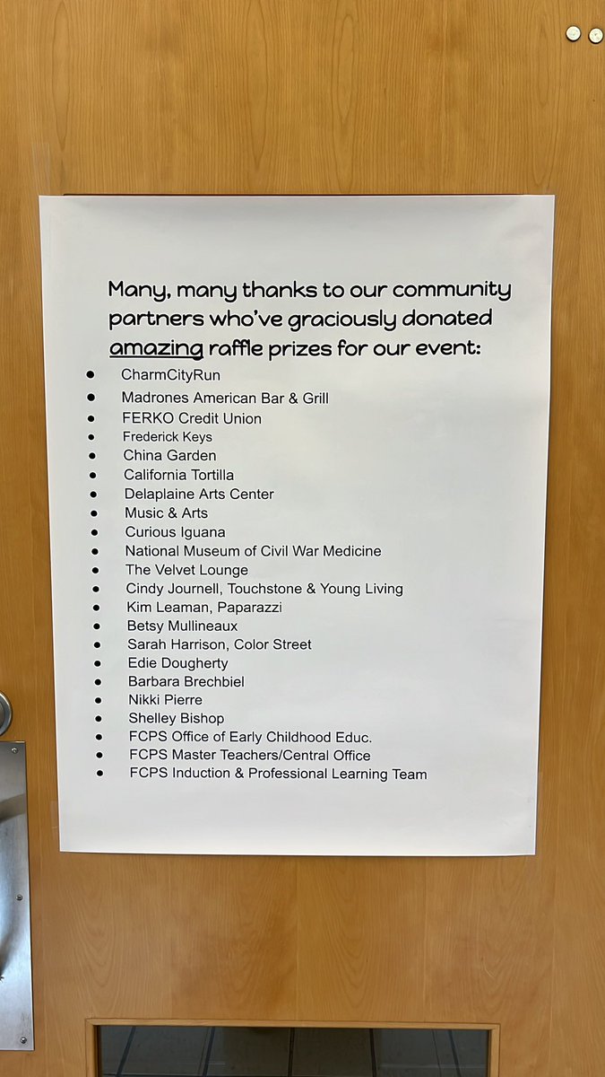 FCPSPLTS2's tweet image. #FCPSPL would like to thank the following friends of education for donating door prizes to a group of new educators who, among all the other jobs they had to learn, also enrolled in our first year induction coursework!  Success is days away!!!!!