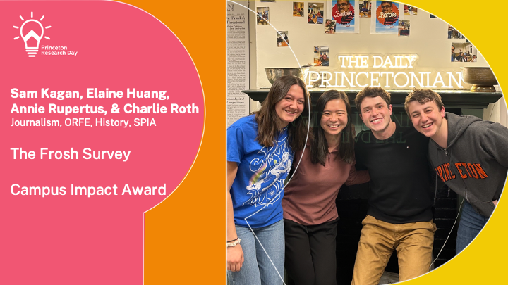Undergraduates Sam Kagan, Elaine Huang, Annie Rupertus, and Charlie Roth have received the Campus Impact Award, which recognizes research that has an impact on some or all of the @Princeton campus populations. View their video here: bit.ly/3NZWnJY #PRD2023