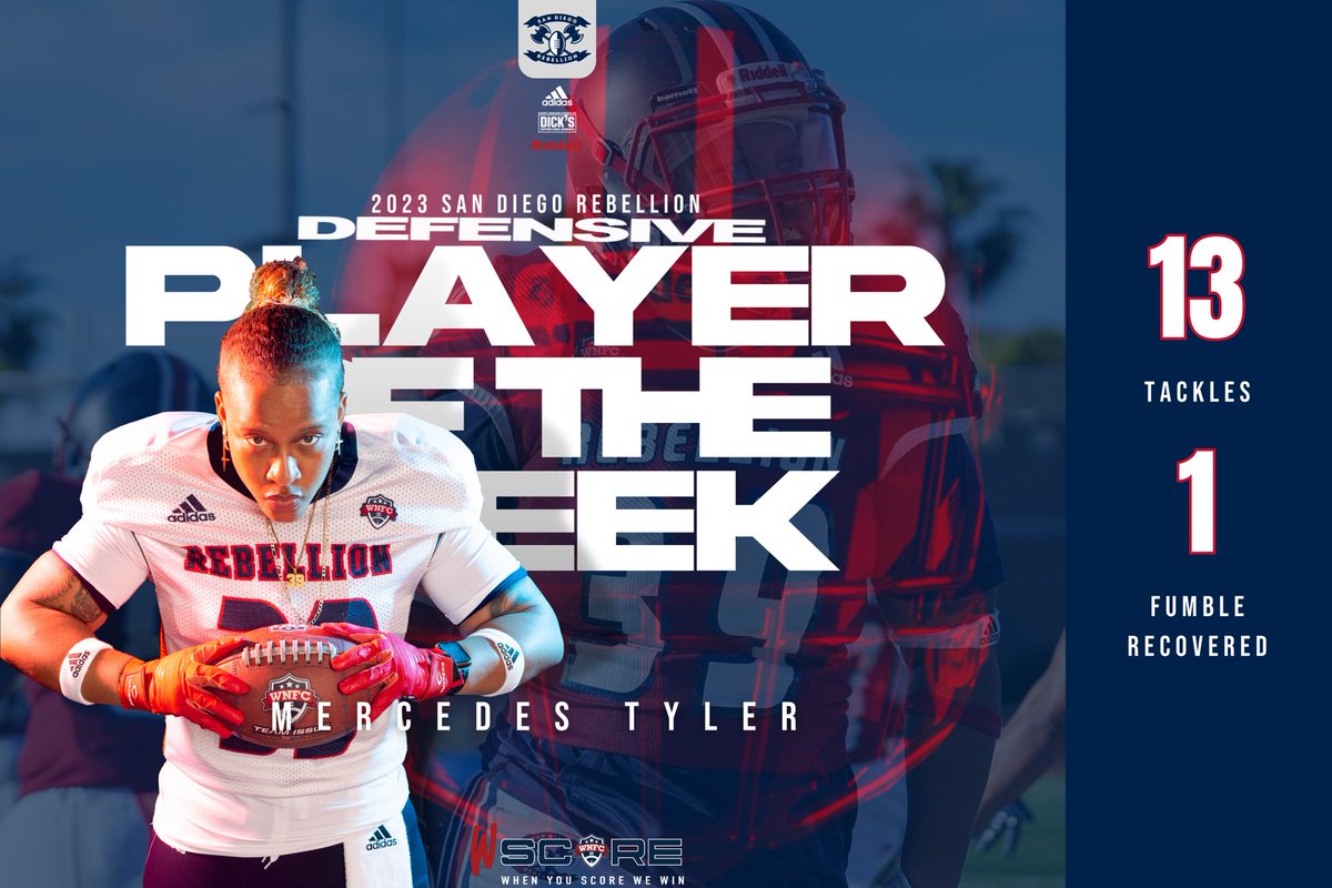 Congratulations to our Defensive Player of the Week!

Mercedes Tyler #39 (LB/RB):

13 Tackles (3 Solo and 10 Assist) | 1 Fumble Recovered
@mech_e_39 
-
-
#PlayerOfTheWeek #POTW #MercedesTyler  #WNFCProud #Defense #SanDiegoRebellion #WomensTackleFootball  #HerGameToo #LineBacker
