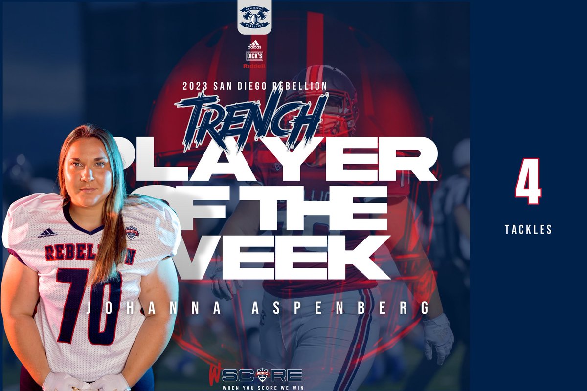 Congratulations to our Trench Player of the Week!

Johanna Aspenberg #70 (DL):

 4 tackles (2 Solo, 2 Assist)
-
-
#PlayerOfTheWeek #POTW #JohannaAspenberg  #WNFCProud #Defense #SanDiegoRebellion #WomensTackleFootball  #HerGameToo #DefensiveLinewoman #DefensiveLine