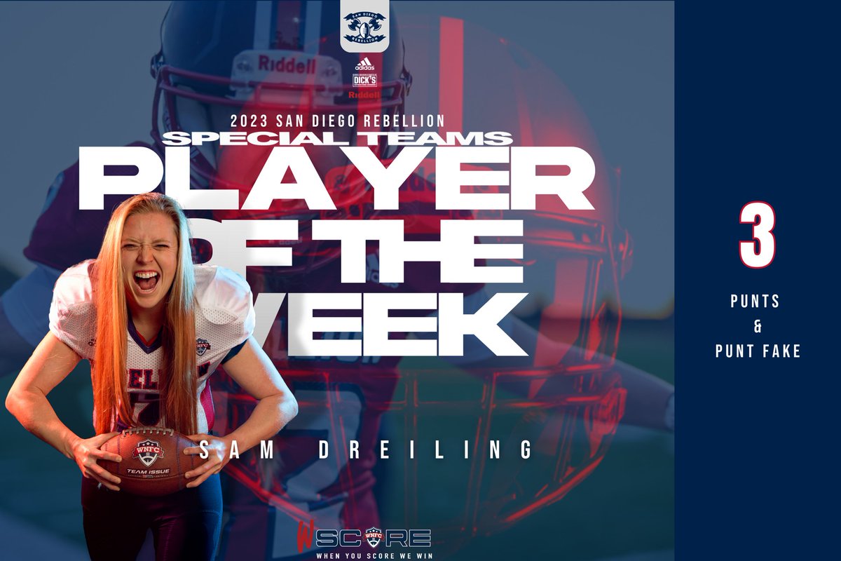 Congratulations to our Special Teams Player of the Week!

Sam Dreiling #12 (DB/WR):

3 Punts &amp; Punt fake
-
-
#PlayerOfTheWeek #POTW #SamDreiling  #WNFCProud  #SanDiegoRebellion #WomensTackleFootball  #HerGameToo #SpecialTeams