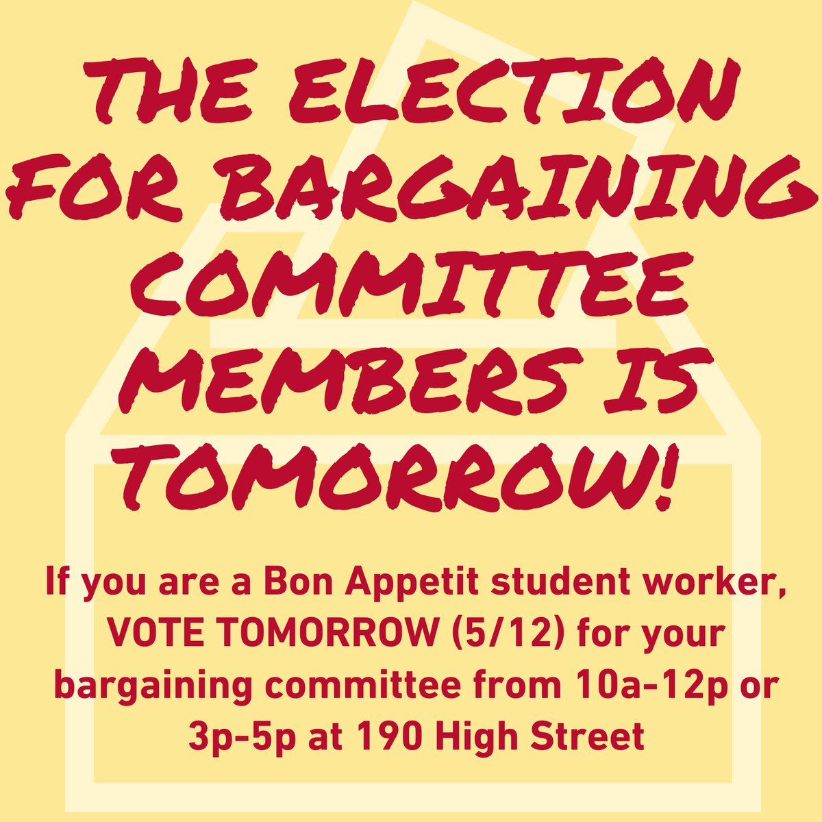 It's time 2 vote for your bargaining committee! If you are a Bon Appetit student worker, come vote @ UOC TOMMORROW, 10am-12pm/3pm-5pm tomorrow. The bargaining committee is made up of your fellow student workers who'll be in negotiations w/ the employer for your first contract!