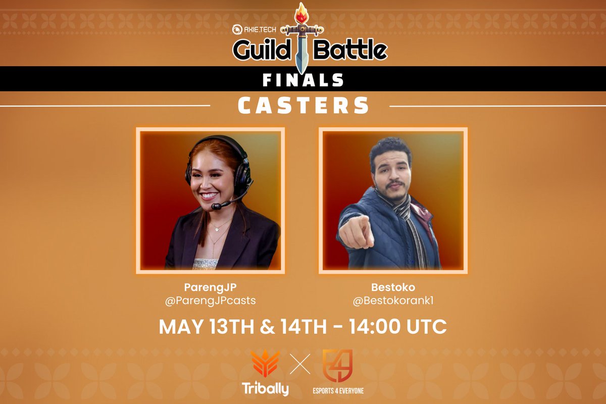 With great tournament comes great casters!😎

Join <a href="/ParengJPcasts/">Pareng JP 🇵🇭🌈</a> and <a href="/Bestokorank1/">OKO</a> this weekend to watch the <a href="/Axie_Tech/">Code: AxieTech</a> Guild Battle Finals unfold!

🗣️Language: English
🗓️May 13th &amp; 14th - 14:00 UTC
👉twitch.tv/esport4everyone

#GuildBattleFinals #E4ELive