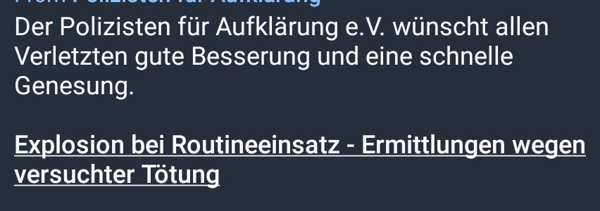querdenkenwatch's tweet photo. Blanker Hohn:
Die sogenannten "Polizisten für Aufklärung", gegründet von #Reichsbürgern und #coronazis, von denen mindestens ein Gründungsmitglied aktuell als mutmaßlicher Reichsbürgerterrorist im Knast sitzt, wünscht den Verletzten aus #Ratingen "schnelle Genesung". https://t.co/yhMRxuxtQ7