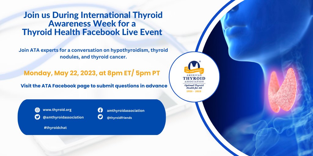 Thyroid Patients (@thyroidfriends) on Twitter photo Join us for a Facebook live on May 22 at 8 pm ET. ow.ly/2Y3M50OlU34
Provide questions to the expert that could be discussed during the event. ow.ly/L2qJ50OlU33
<a href="/GDATF/">Graves' Disease & Thyroid Foundation</a> <a href="/ThyCaInc/">ThyCa Inc.</a> <a href="/clinicalthyroid/">Clinical Thyroidology</a> <a href="/JohnsonThomasMD/">Johnson Thomas, MD, FACE</a> <a href="/avitalhararimd/">Avital Harari</a> <a href="/thyroidjournal/">Thyroid Journal</a> <a href="/VEndocrinology/">VideoEndocrinology</a> Join us for a Facebook live on May 22 at 8 pm ET. ow.ly/2Y3M50OlU34
Provide questions to the expert that could be discussed during the event. ow.ly/L2qJ50OlU33
<a href="/GDATF/">Graves' Disease & Thyroid Foundation</a> <a href="/ThyCaInc/">ThyCa Inc.</a> <a href="/clinicalthyroid/">Clinical Thyroidology</a> <a href="/JohnsonThomasMD/">Johnson Thomas, MD, FACE</a> <a href="/avitalhararimd/">Avital Harari</a> <a href="/thyroidjournal/">Thyroid Journal</a> <a href="/VEndocrinology/">VideoEndocrinology</a>