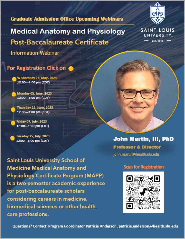 You are invited to explore how the Medical Anatomy and Physiology Post Baccalaureate (MAPP) program will fulfill your academic and professional goals by participating in a virtual webinar. Scan the QR code to register. We look forward to connecting soon! #anatomy #MedTwitter