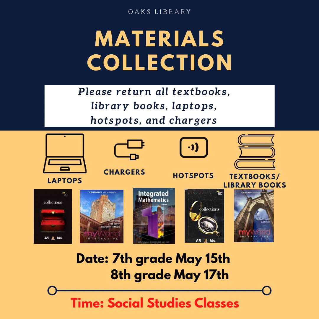 Hello Oaks Eagles, 
 
Next week we will begin collecting materials from students, this includes hardcover textbooks, laptops, chargers, and hotspots. Please see the attached flyer for more information