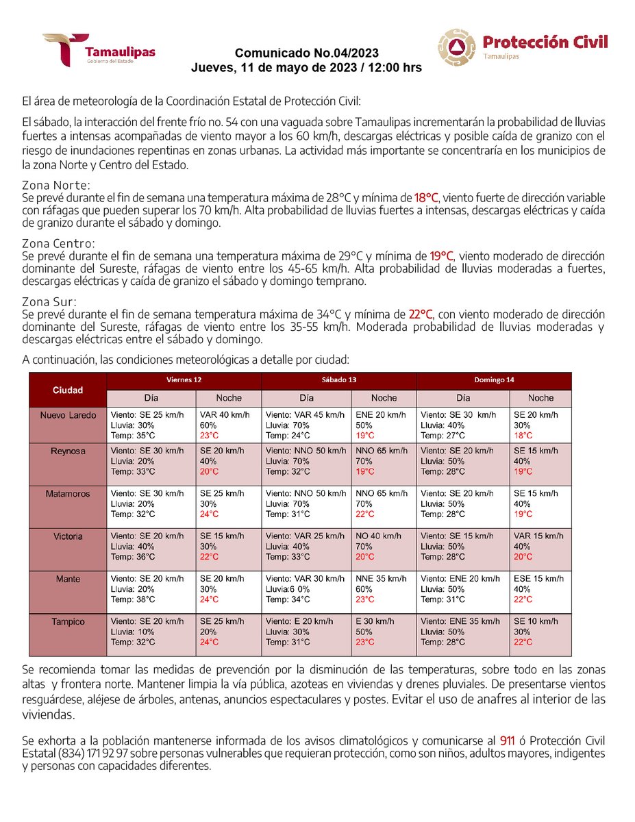 El área de meteorología de la Coordinación Estatal de Protección Civil:
El sábado, la interacción del frente frío no. 54 con una vaguada sobre Tamaulipas incrementarán la probabilidad de lluvias fuertes a intensas acompañadas de viento mayor a los 60 km/h, descargas eléctricas.