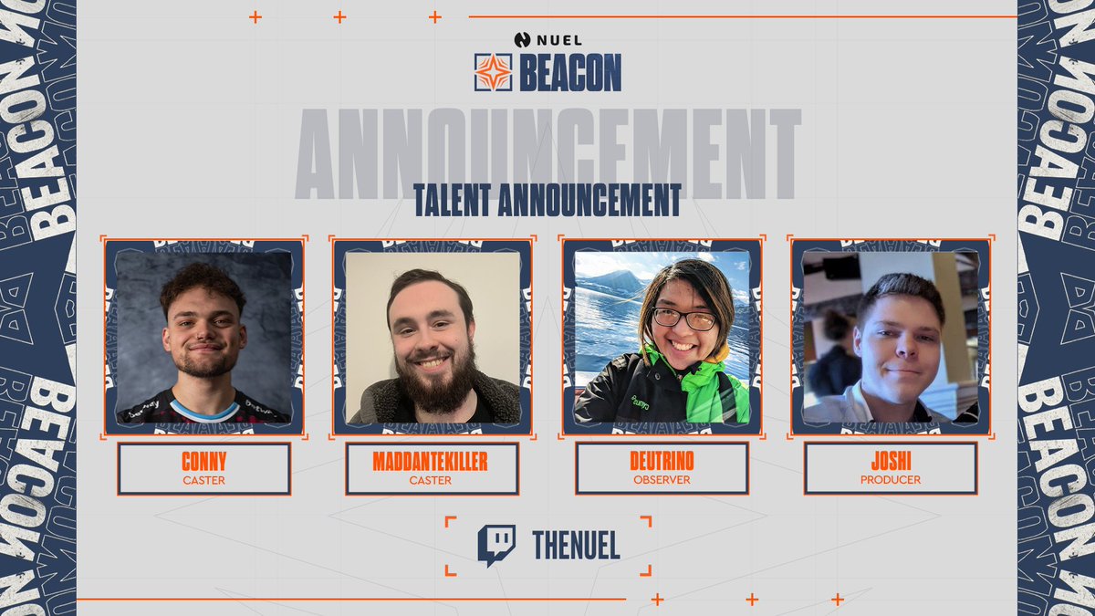 🔥 BROADCAST TALENT ANNOUNCEMENT 🔥

Say hello to our amazing talent who will be covering the #BeaconEWI GRAND FINALS 🎉

📺 Tune in Sunday at 18:45: twitch.tv/theNUEL  

🔗 Final chance to signup: battlefy.com/nuel