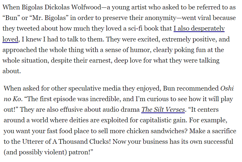 TheSiltVerses's tweet photo. We're honoured and grateful and thrilled and also very confused to have got a shout-out in Gizmodo today as part of the wider This Is How You Lose The Time War story (thank you very much for repping us, Bigolas Dickolas ❤️) https://t.co/BSFPm4N8Iy