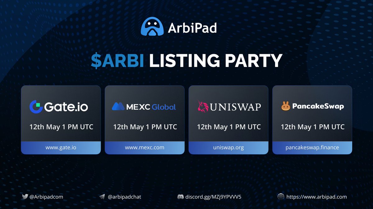 ArbiPad is excited to announce the $ARBI Listing Party Event! 🎉

Following the overwhelming success of our IDO, we are thrilled to announce that $ARBI will be listed on Gate.io, MEXC, Uniswap Arbitrum and PancakeSwap for the initial listing.

✅ Check the details