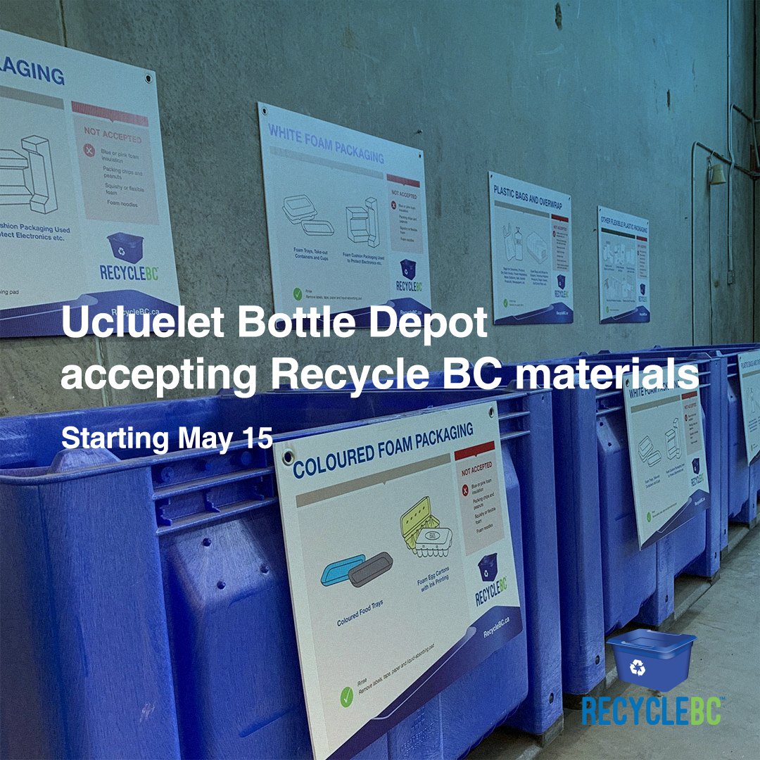 Beginning May 15, Ucluelet Bottle Depot joins our depot network and accepts all Recycle BC residential packaging and paper material types, including material not accepted in home bins in the area like flexible plastics, foam packaging, and glass bottles and jars free of charge.