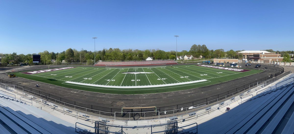 SCGfields's tweet photo. The synthetic turf and track replacement at Maple Heights High School is coming along! We can't wait to see the athletes enjoying the newly renovated facility! @MapleCSD @MHMustangsFB 

#fieldreplacement #trackreplacement #MapleHeights #fieldbuilder https://t.co/1tJ4Fhq2Rq